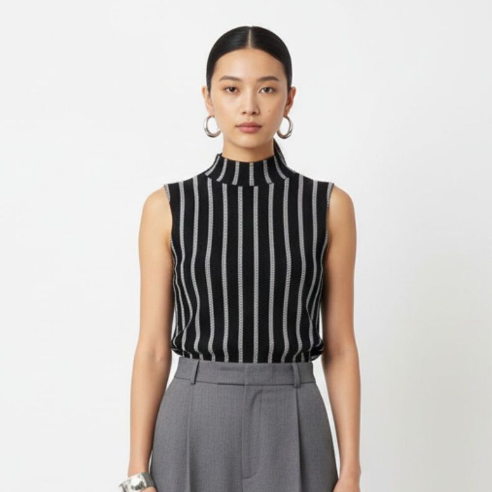 Anthropologie Moth Gray & White Striped Mock Turtleneck Sleeveless Knit Top S